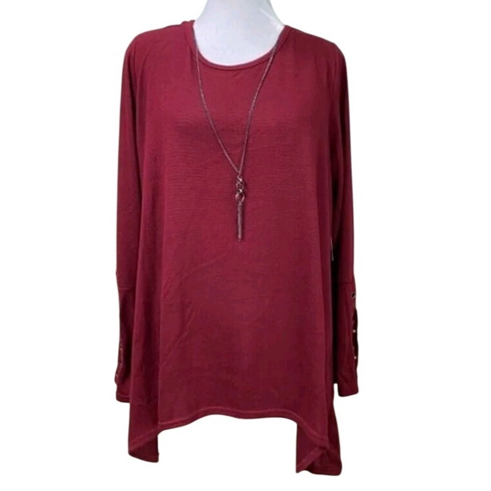 Goddess Burgundy Long Top-Tunic Necklace Sleeve Detail Sz. 3X NWT